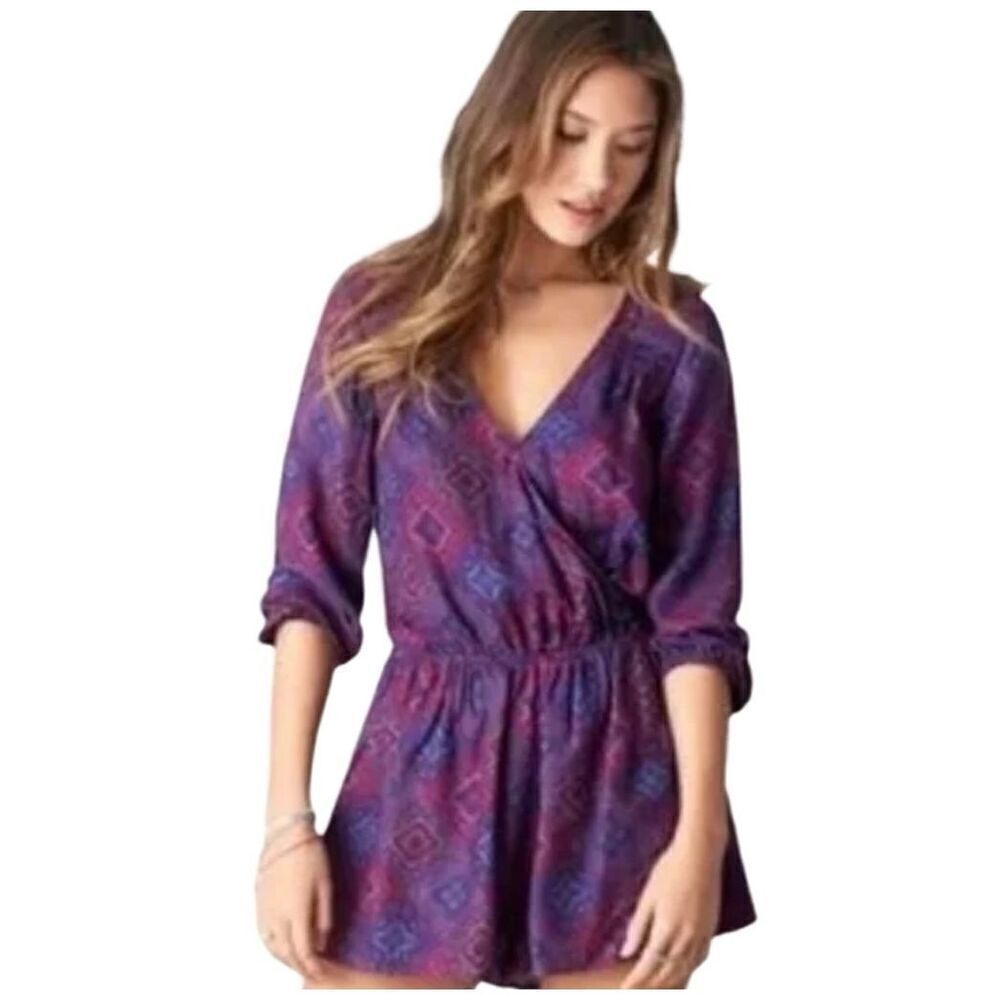American Eagle Long Sleeve Paisley Boho Bohemian Romper Purple Red Size XS